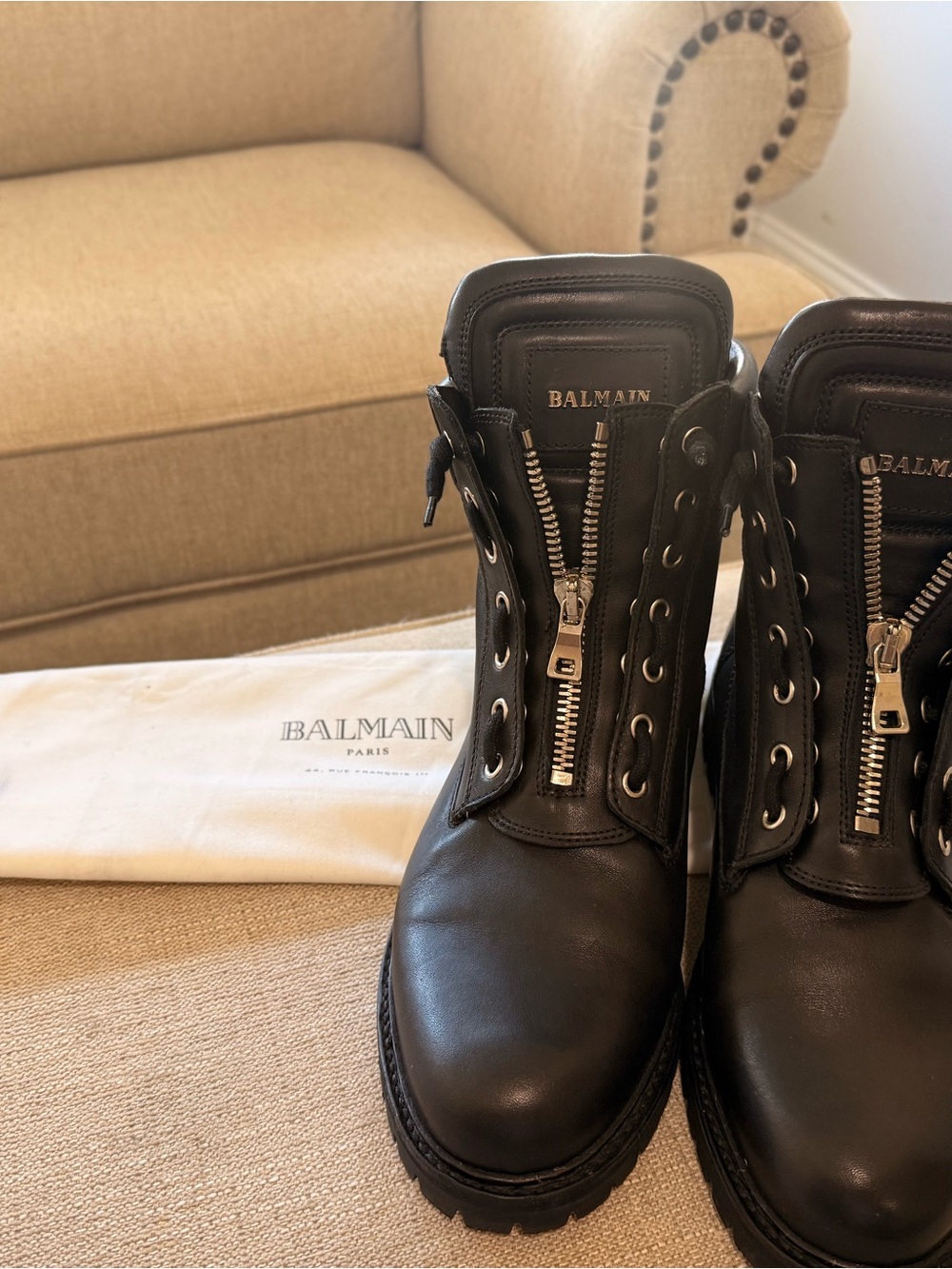 Balmain Black Leather Front-Zip Combat Boots